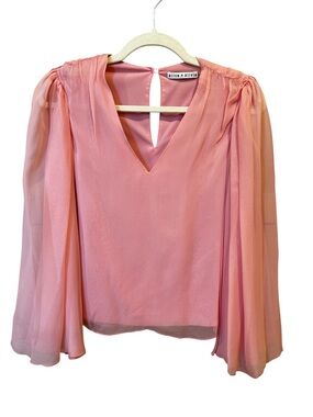 Alice + Olivia Silk V Neck Pleated Wide Sleeve Blouse Pink Size Small Feminine